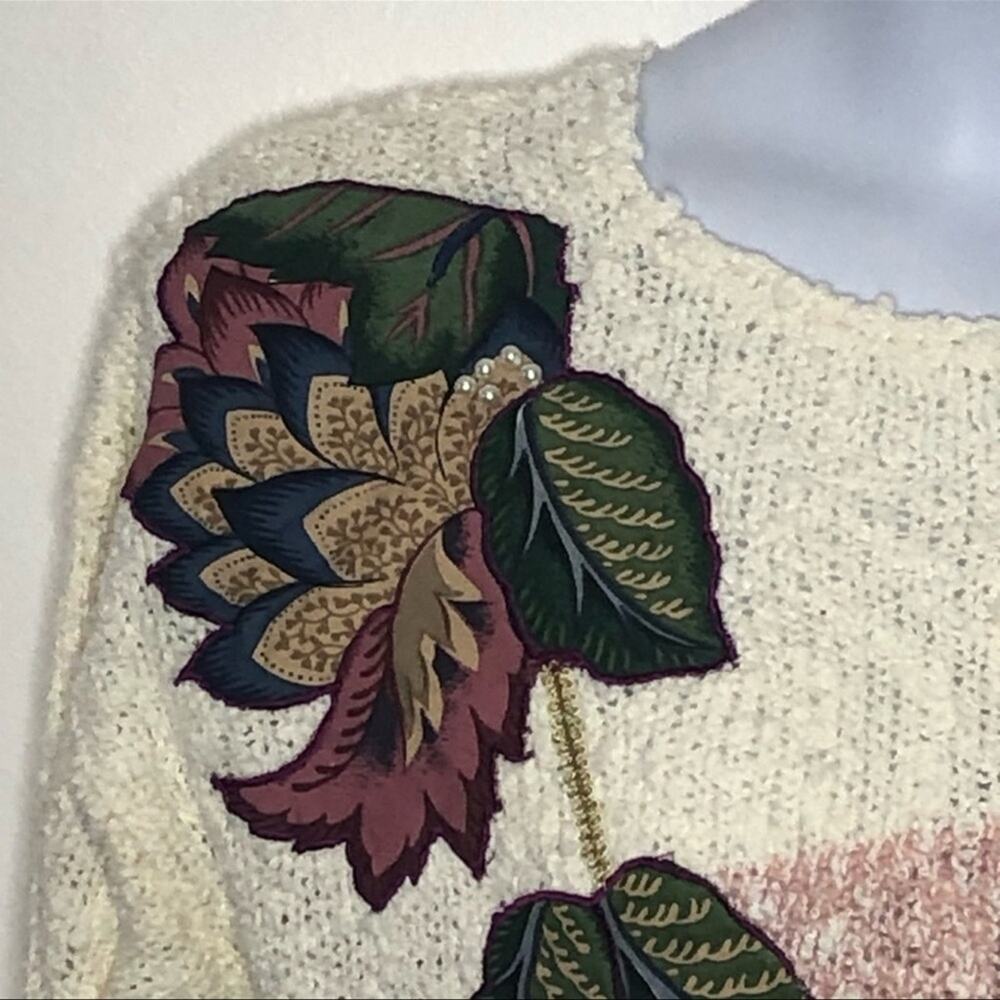 Vintage 90s Floral Embroidered Sweater L Cream Pearl Applique Cottagecore Retro - Picture 7 of 14